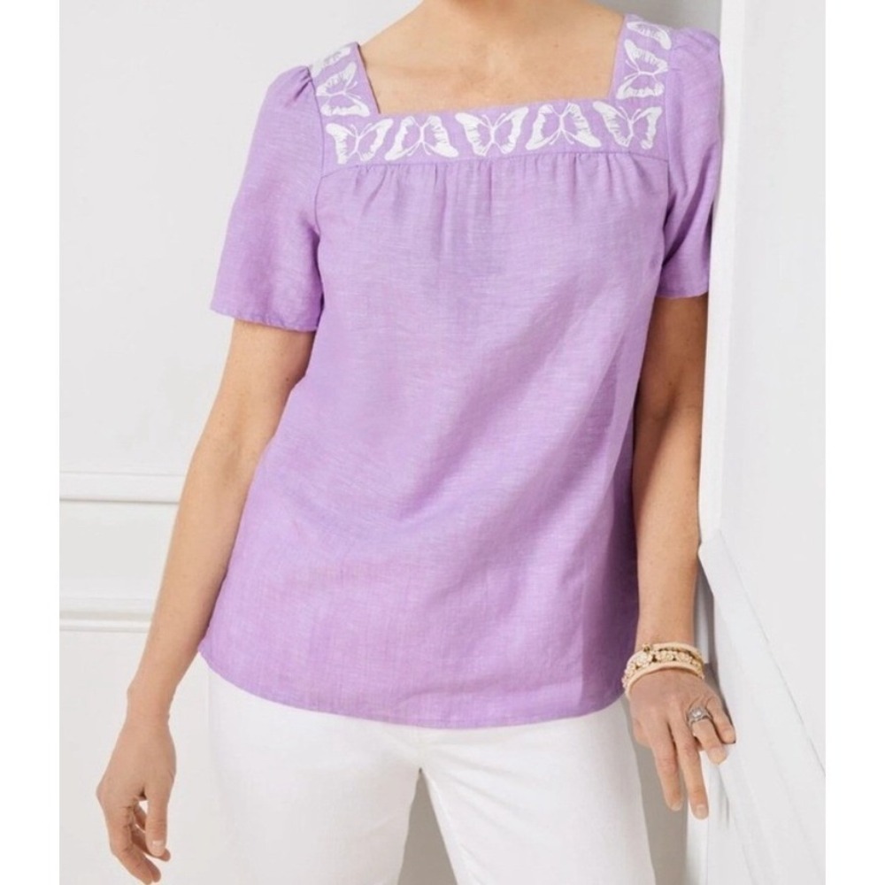 Talbots Lavender Purple Linen Blend Butterfly Embroidered Blouse Med Women's EUC